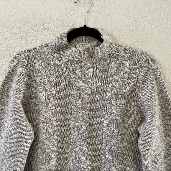 L.L. Bean Sweater Wool Pullover Angora Cable Knit Mock Chunky Classic Tan Medium - Picture 3 of 9